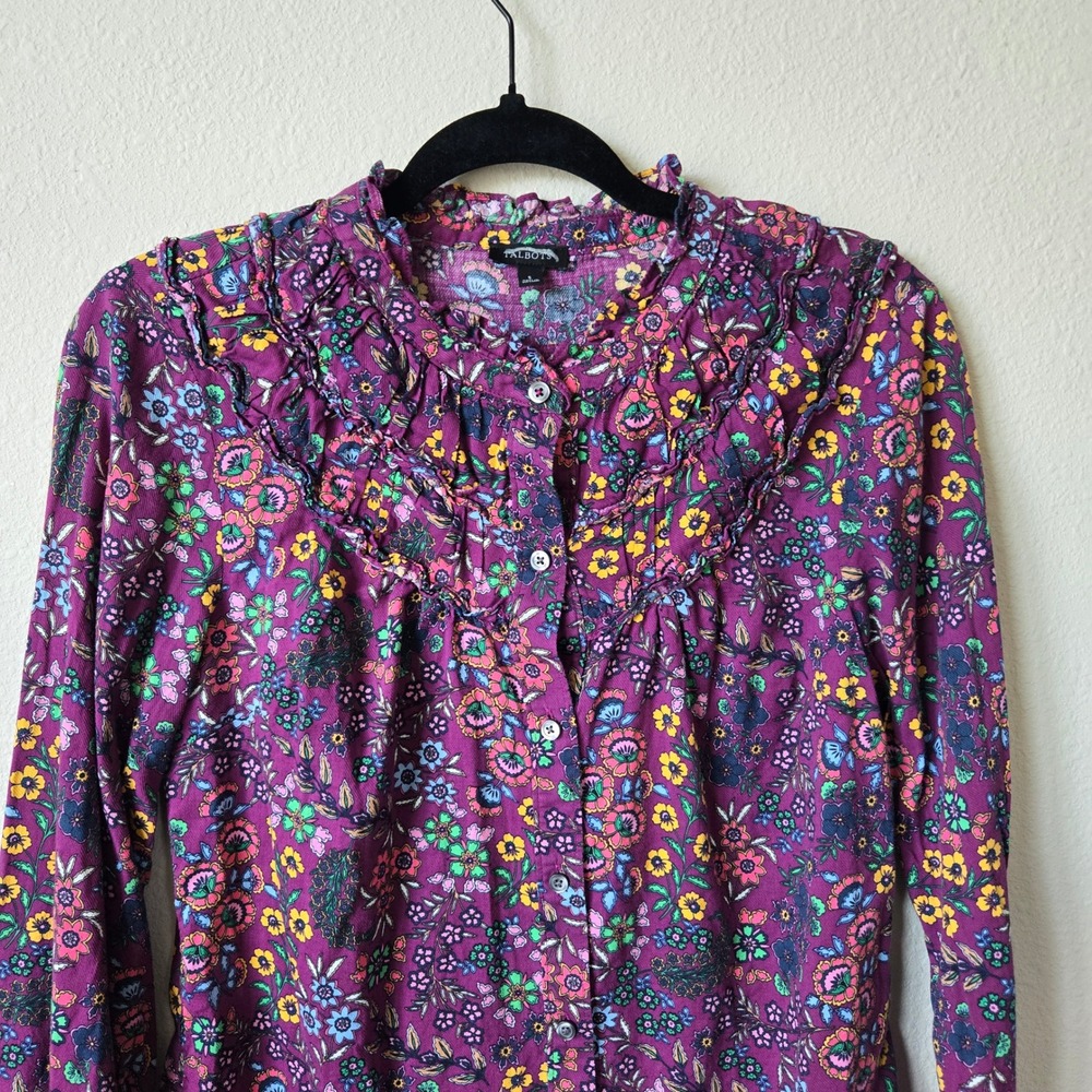 Talbots Womens Purple Floral Ruffle Blouse Top Small, Cottagecore Boho Victorian - Picture 2 of 9